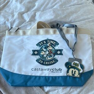 Disney Blue and White Castaway Club Tote Bag and ID lanyard